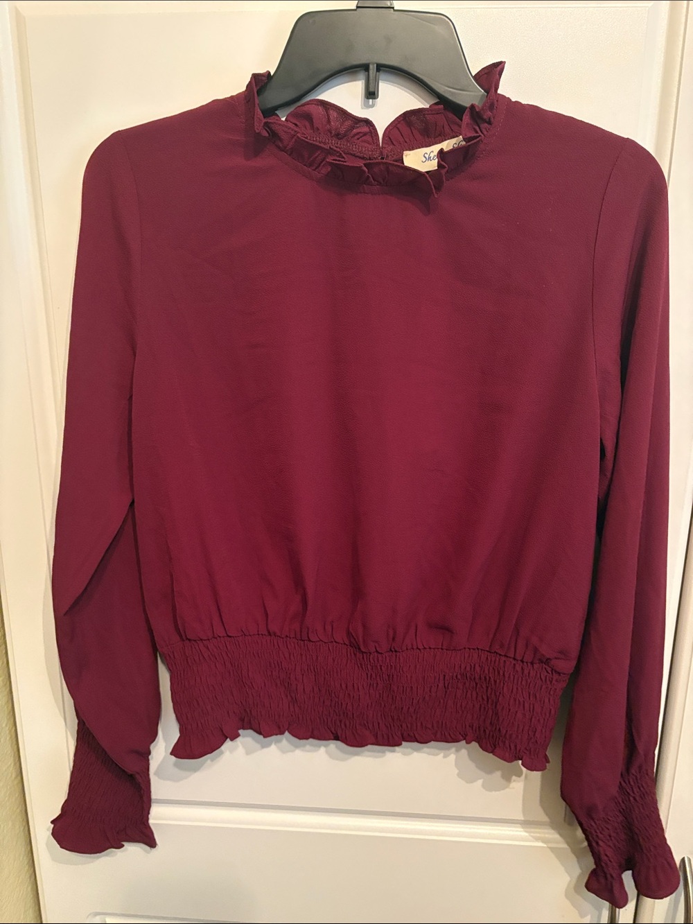 She + Sky Burgundy Ruffle-Neck Long Sleeve Blouse